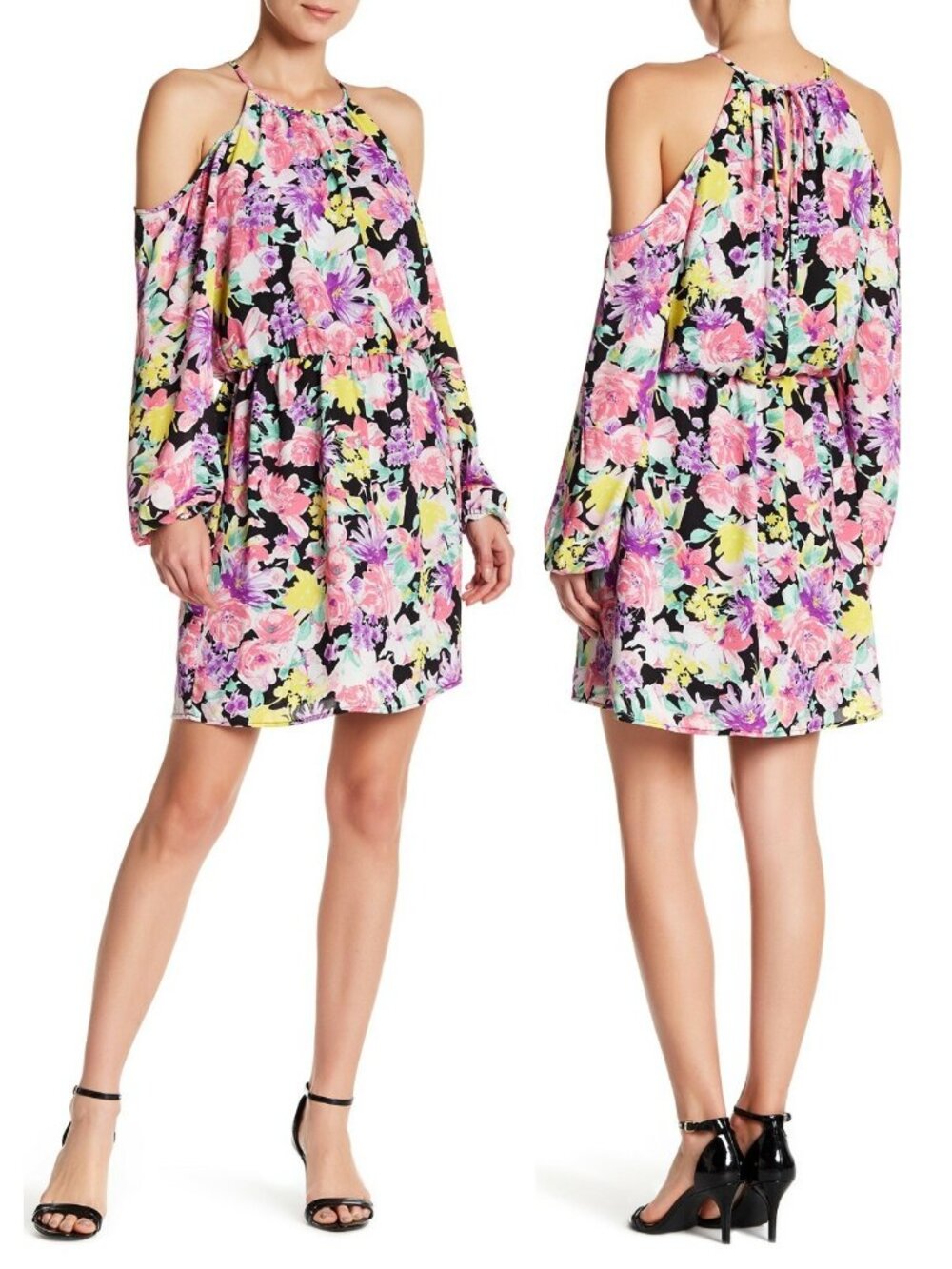 Charles Henry Womens Cold Shoulder Blouson Halter Mini Dress Floral Multi Sz XS